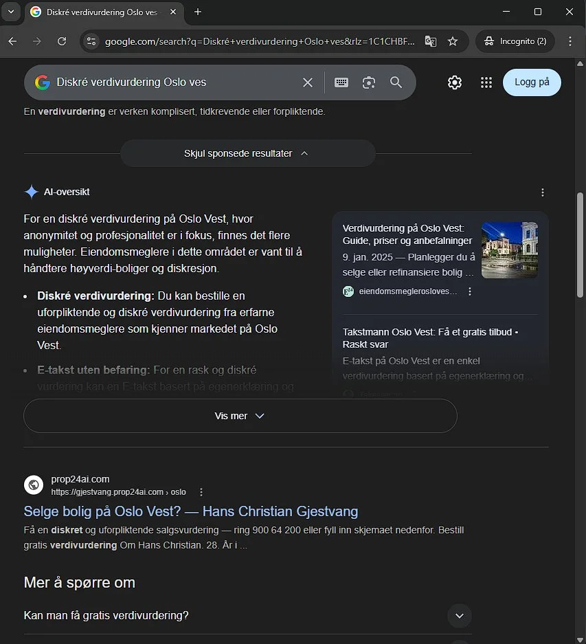 Google-s&oslash;keresultat for diskr&eacute; verdivurdering Oslo vest