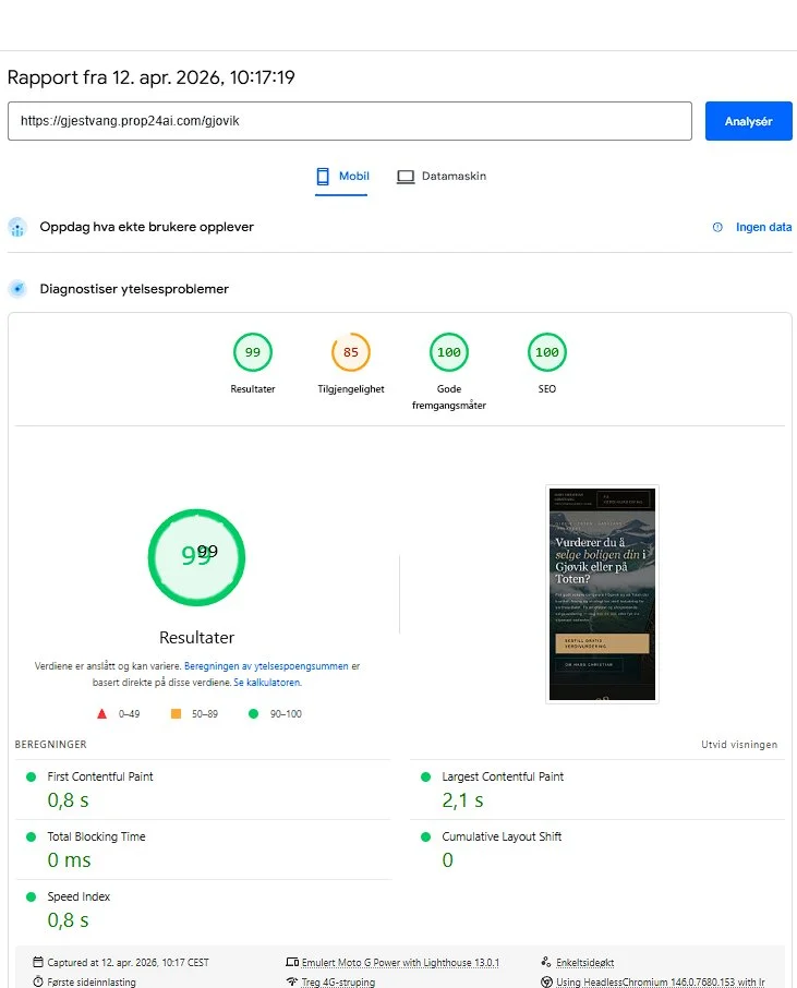 Google PageSpeed Insights score 99/100 for HC Gjestvang landingsside
